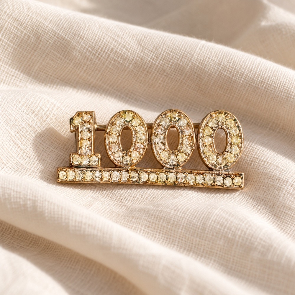 Vintage Gold Tone Rhinestone 1000 Brooch Pin Milestone Anniversary Achievement
